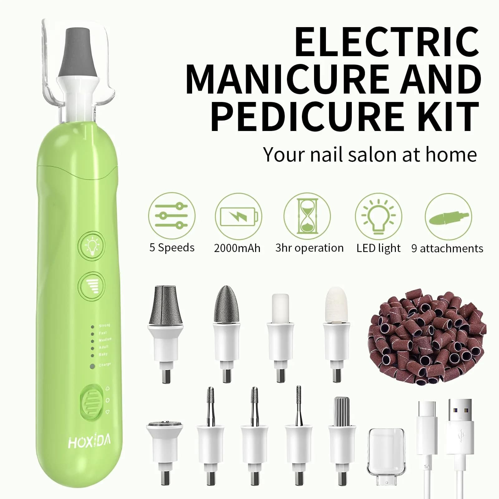 Hoxida Professional Cordless Electric Nail Drill Set with 12 Bits & 100 Sanding Bands | 20,000 RPM, Rechargeable, LED Light - view 2