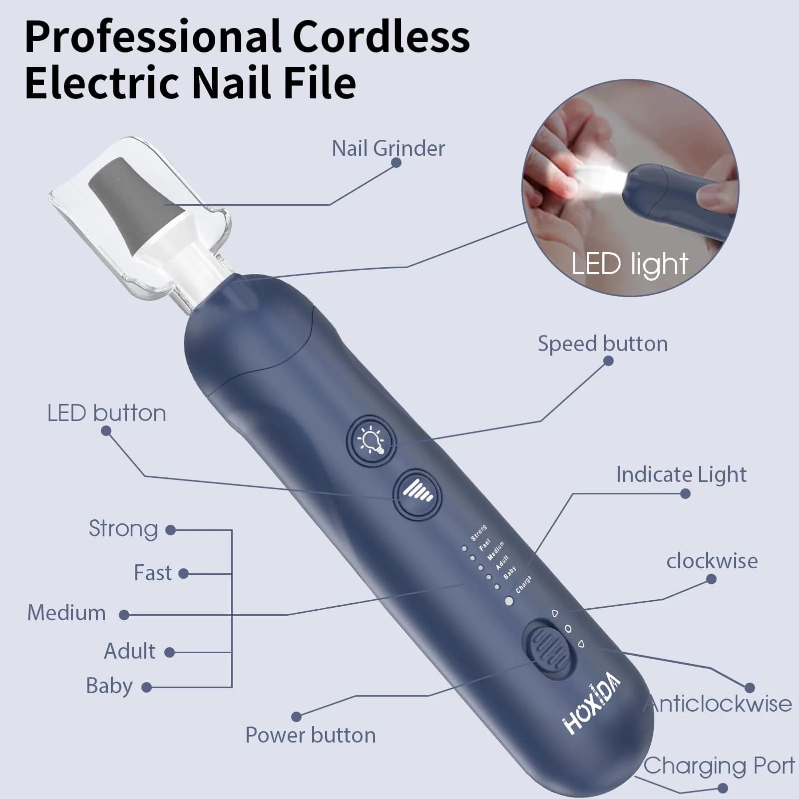 Hoxida Blue Cordless Electric Nail File Set with 360° LED Light | 20,000 RPM Professional Manicure Pedicure Kit - view 7