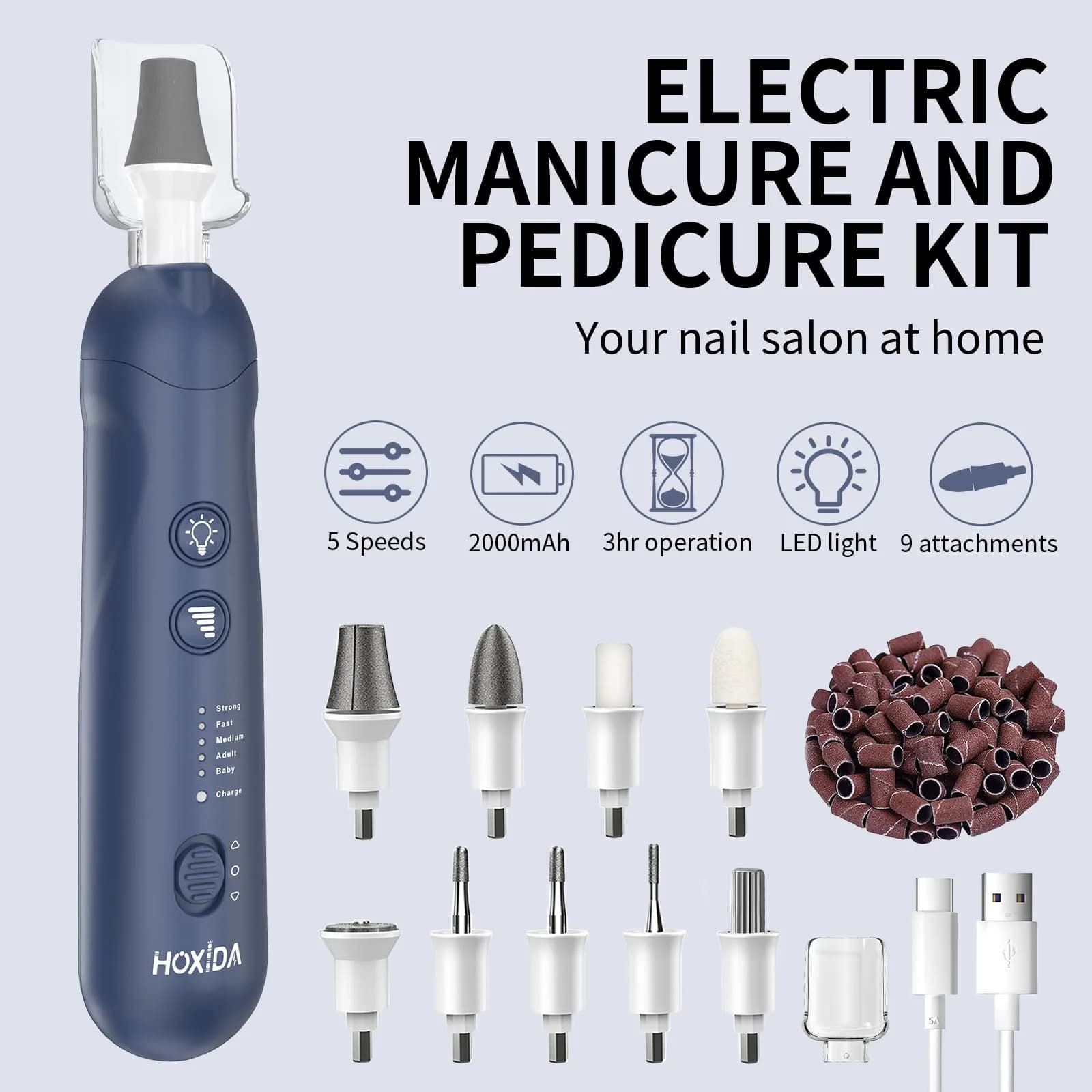 Hoxida Blue Cordless Electric Nail File Set with 360° LED Light | 20,000 RPM Professional Manicure Pedicure Kit - view 2