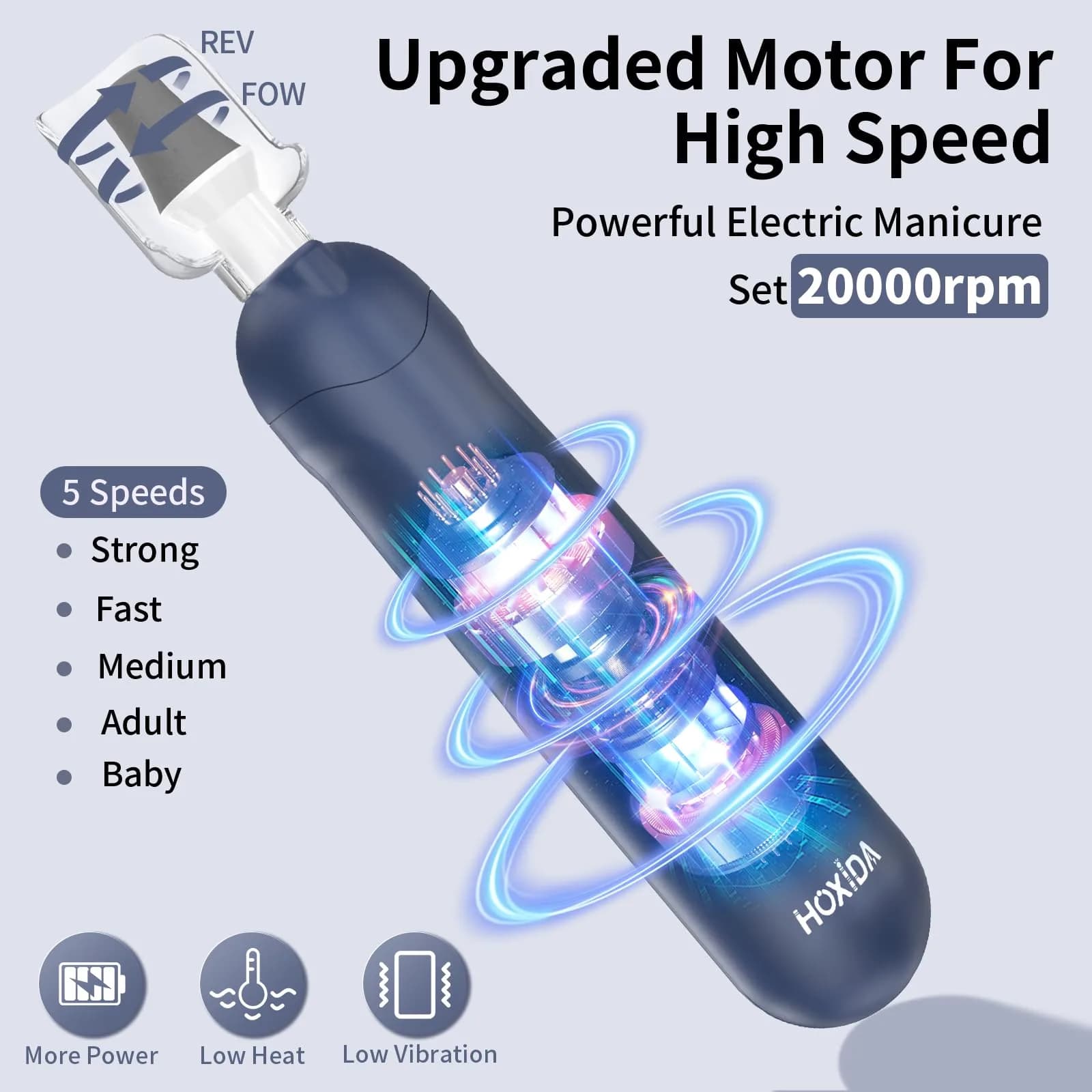 Hoxida Blue Cordless Electric Nail File Set with 360° LED Light | 20,000 RPM Professional Manicure Pedicure Kit - view 3