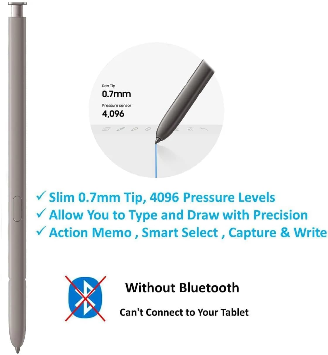 TYHJ S Pen Replacement for Samsung Galaxy S24 Ultra 5G (Light Gray) | 0.7mm Nibs, 4096 Pressure Sensor - view 2