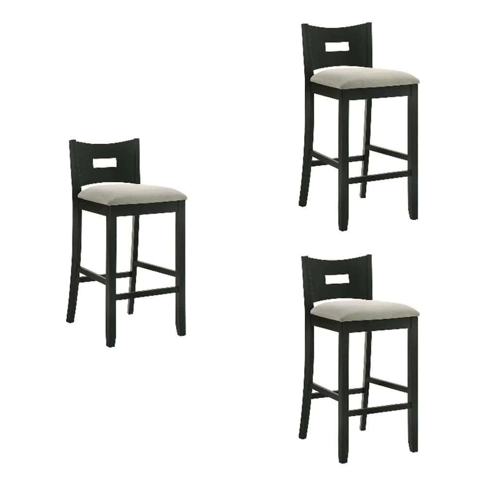 Armen Living Ren 30 in. Matte Black Bar Height Rubberwood Barstool with Fog Fabric Seat - Set of 3