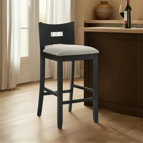 Armen Living Ren 30 in. Matte Black Bar Height Rubberwood Barstool with Fog Fabric Seat - Set of 3 thumbnail 7