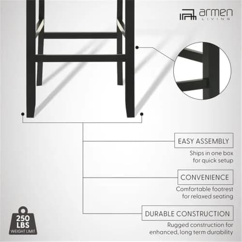 Armen Living Ren 30 in. Matte Black Bar Height Rubberwood Barstool with Fog Fabric Seat - Set of 3 thumbnail 3