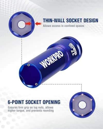 WORKPRO 1/2" Drive Lug Nut Impact Duty Socket Set, 3 Pieces 17-19-21mm | Thin Wall Deep Sockets for Cars thumbnail 4