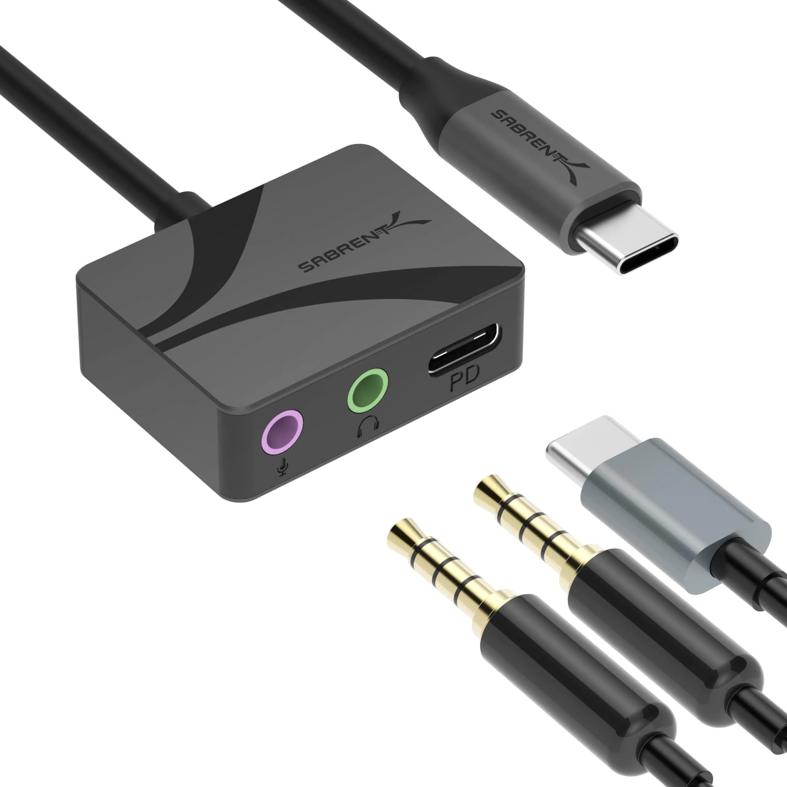 SABRENT USB-C to 3.5mm Audio Adapter with 100W PD, 24-Bit | Portable Sound Card for USB-C Devices — USB-C Audio Adapter + 100W PD