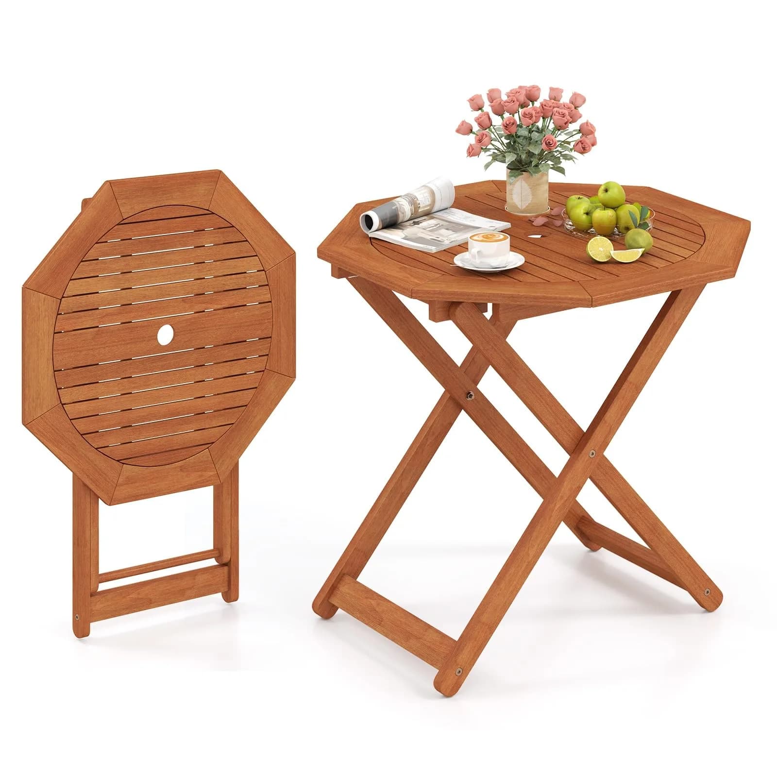 CLEEMAN Folding Outdoor Dining Table 32" x 32" Octagon Solid Wood Teak Oil Finish