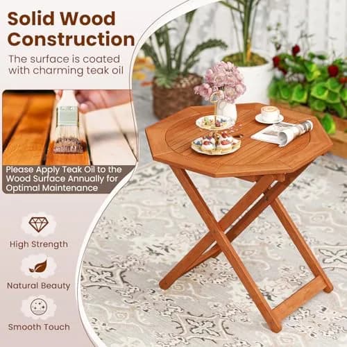 CLEEMAN Folding Outdoor Dining Table 32" x 32" Octagon Solid Wood Teak Oil Finish thumbnail 4