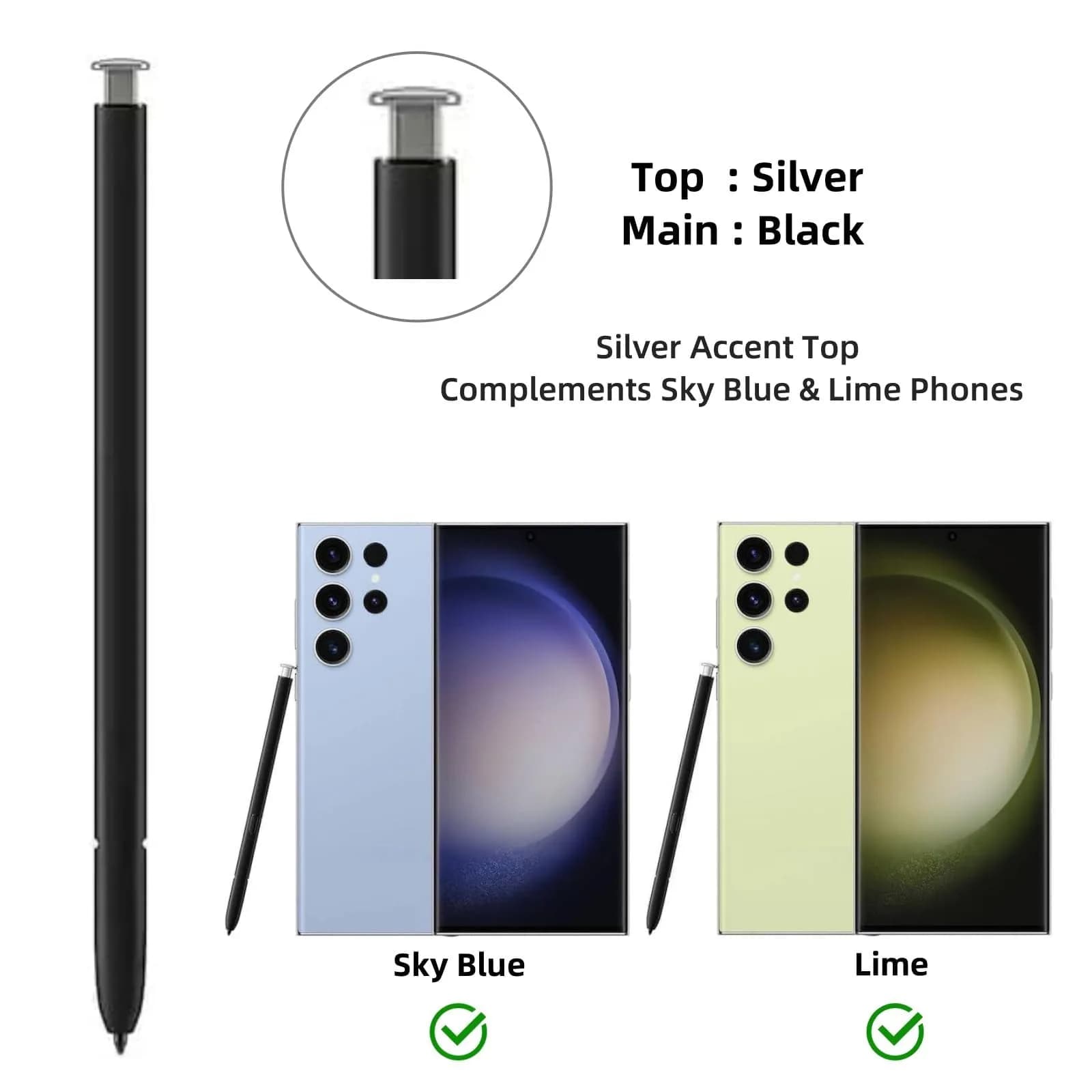 TYHJ S Pen S23 Ultra Replacement Stylus Pen 0.7mm 4096 Pressure Levels | Silver Top Matches Sky Blue & Lime Phones - view 2