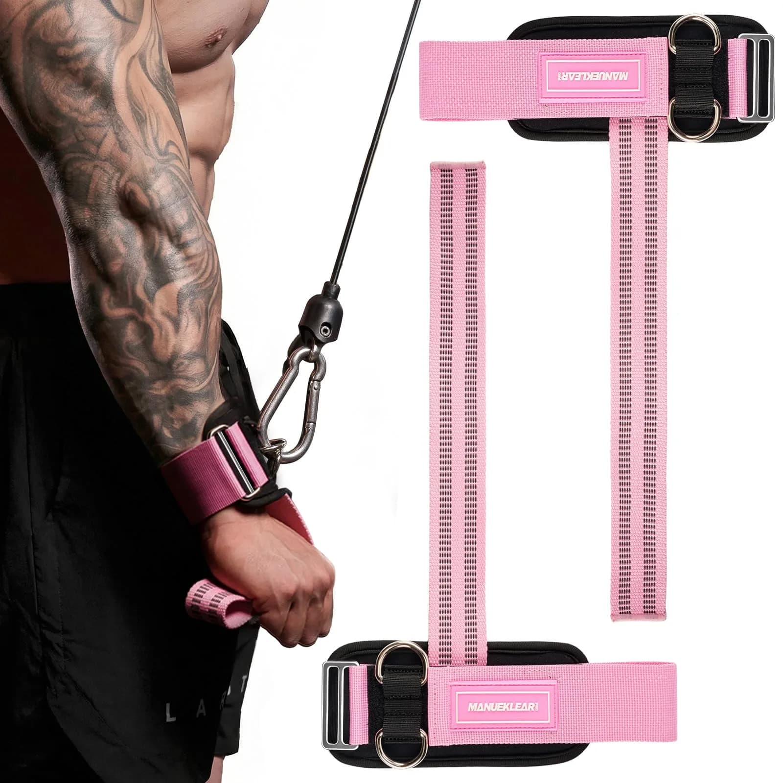 M MANUEKLEAR Pink Lifting Straps with Double D-Rings for Cable Machine & Weight Training, Size M (6.3-7.5 inch) — Pink