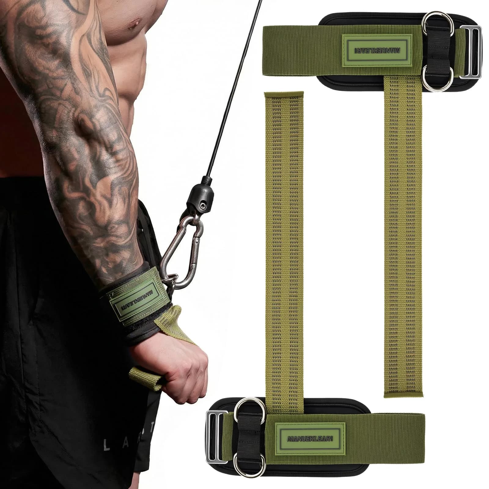 M MANUEKLEAR Green Lifting Straps with Double D-Ring & Padded Support, 34cm (13.4in) | Grip Strength for Weightlifting — Green