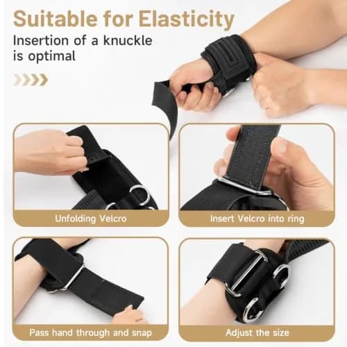 M MANUEKLEAR Black Lifting Straps with Double D-Ring & Padded Wrist Support for Weightlifting, Gym Workouts (Pair, M: 6.3-7.5 inch) thumbnail 3