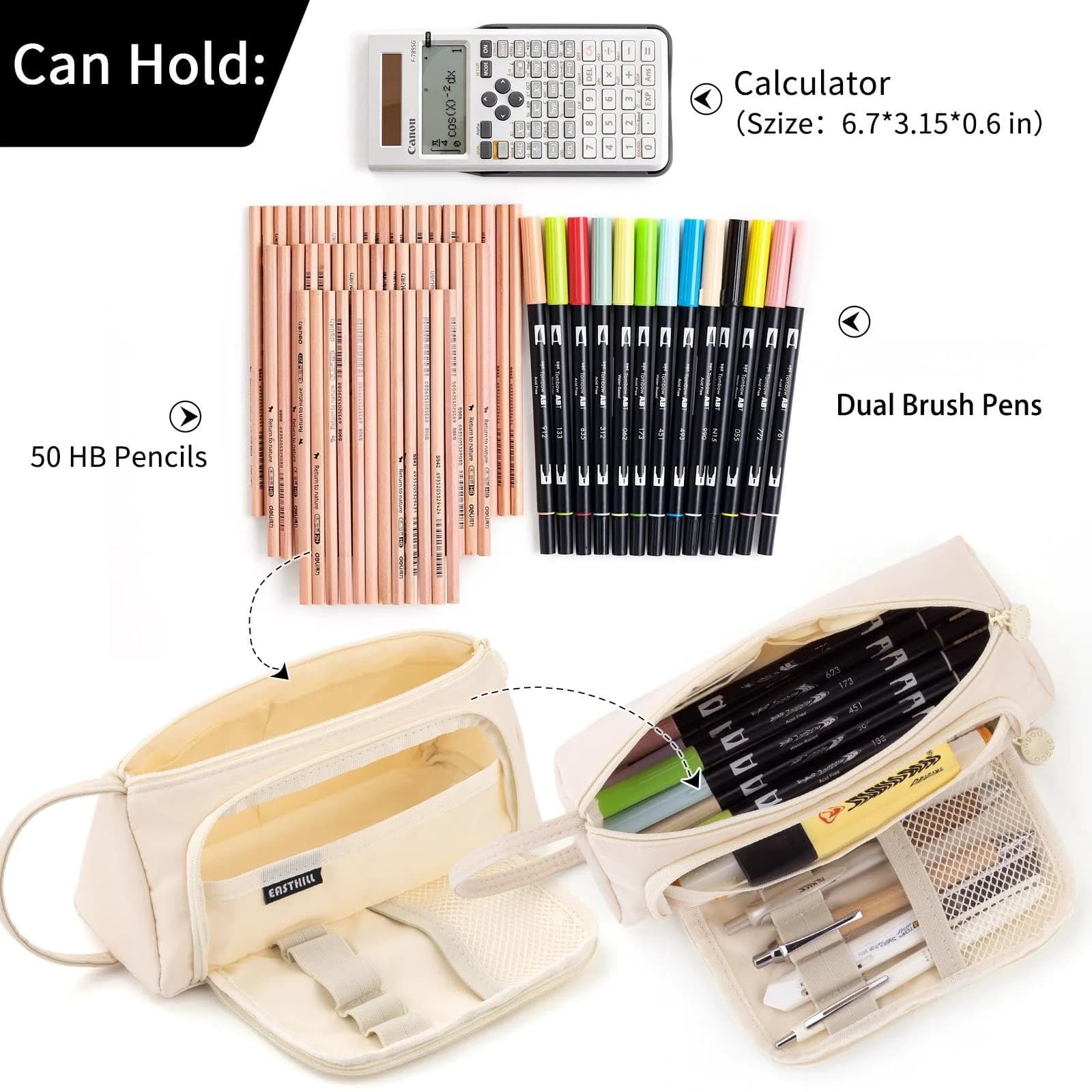 EASTHILL Cream Large Capacity Pencil Case Organizer with Handheld Band - view 4
