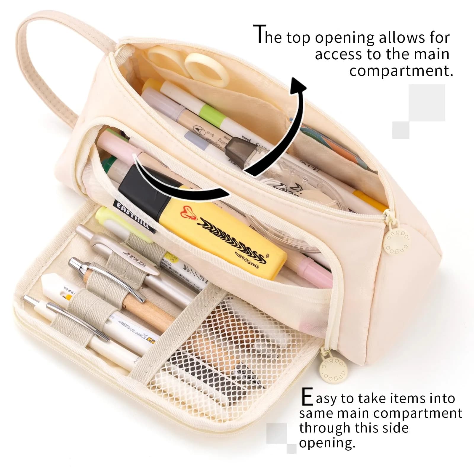 EASTHILL Cream Large Capacity Pencil Case Organizer with Handheld Band - view 2