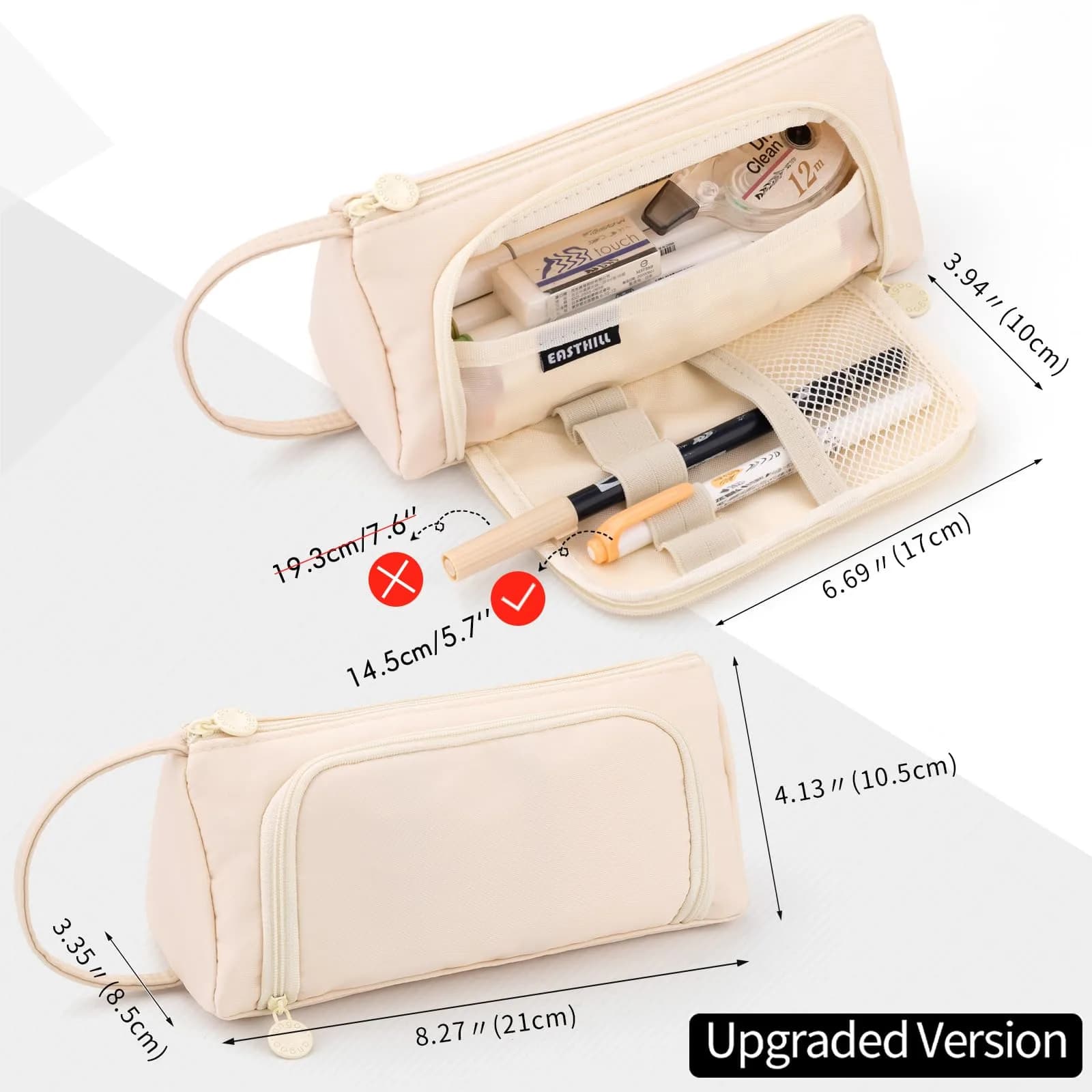 EASTHILL Cream Large Capacity Pencil Case Organizer with Handheld Band - view 3