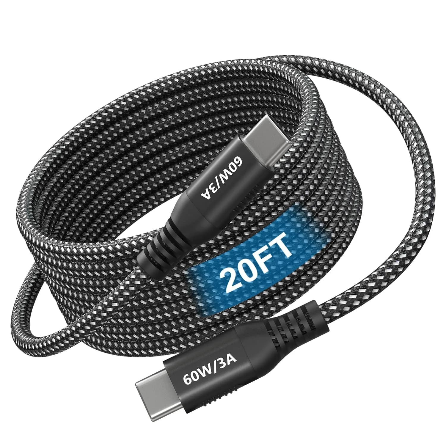 Bawanfa 20ft USB C to USB C Cable | 60W Fast Charging & Durable Braided Design — 60W 20FT USB C to USB C Cable (Black)