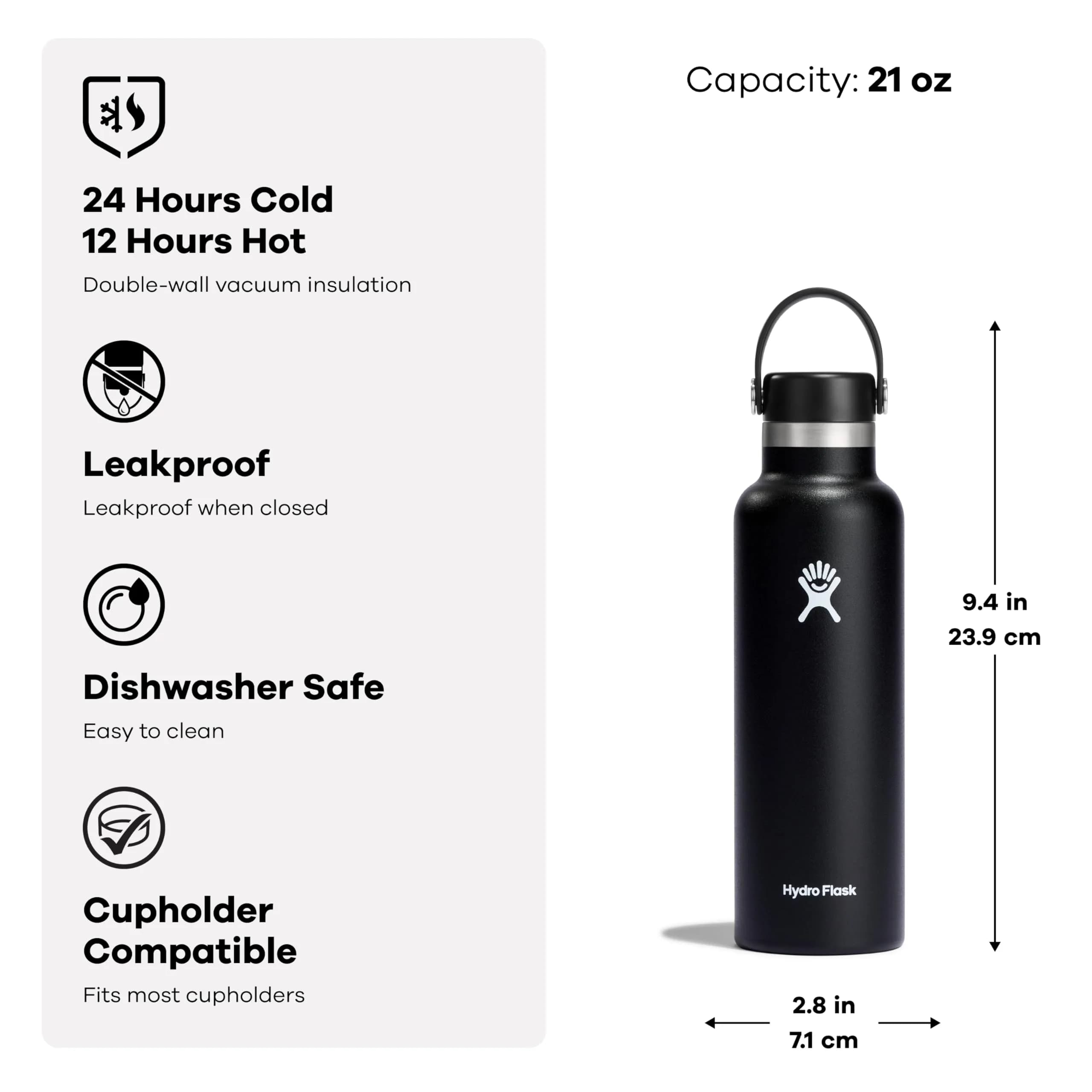 Hydro Flask 21 Oz Standard Mouth Water Bottle | Insulated Stainless Steel, Leakproof, Sandpiper Color - view 3