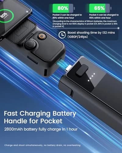 Maectech Fast Charging Battery Handle 2800mAh (10.36Wh) for DJI Osmo Pocket 3/4 | Extends Shooting Time by 132 Minutes thumbnail 2