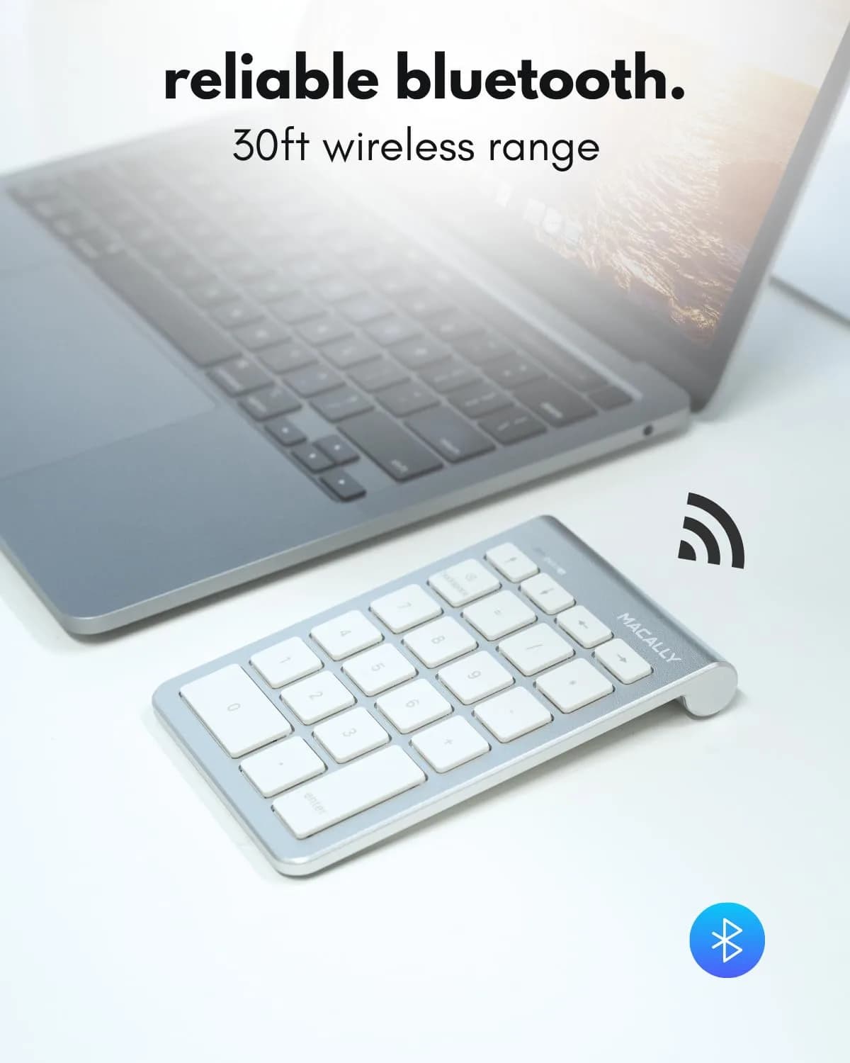Macally Bluetooth Number Pad for Laptop - Wireless Numeric Keypad with Arrow & Function Keys, Silver (1 Unit) - view 2