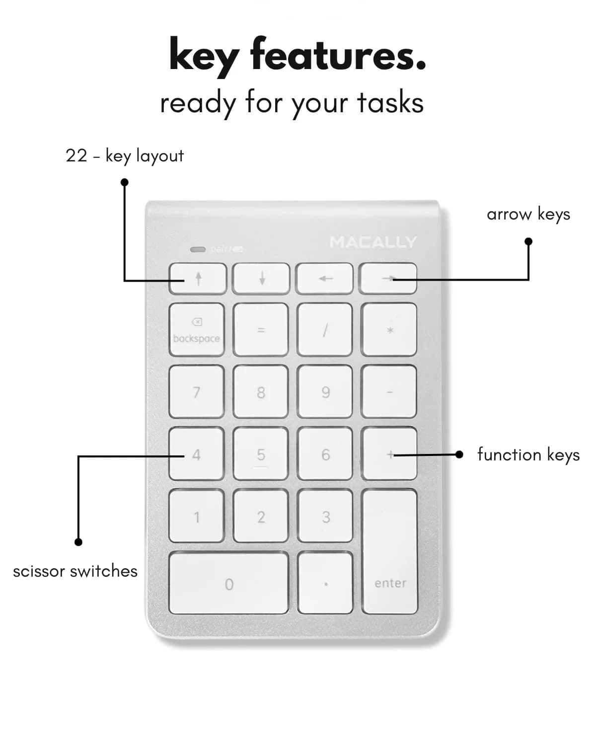 Macally Bluetooth Number Pad for Laptop - Wireless Numeric Keypad with Arrow & Function Keys, Silver (1 Unit) - view 3