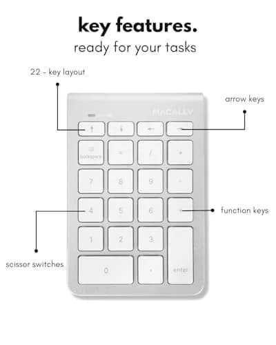 Macally Bluetooth Number Pad for Laptop - Wireless Numeric Keypad with Arrow & Function Keys, Silver (1 Unit) thumbnail 3