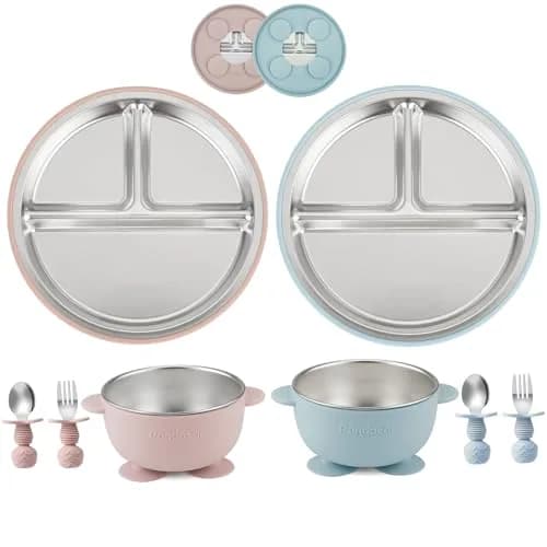 PandaEar Baby Feeding Set | Stainless Steel Plates & Bowls with Silicone Utensils | Toddler Tableware (Pink & Blue) thumbnail 1