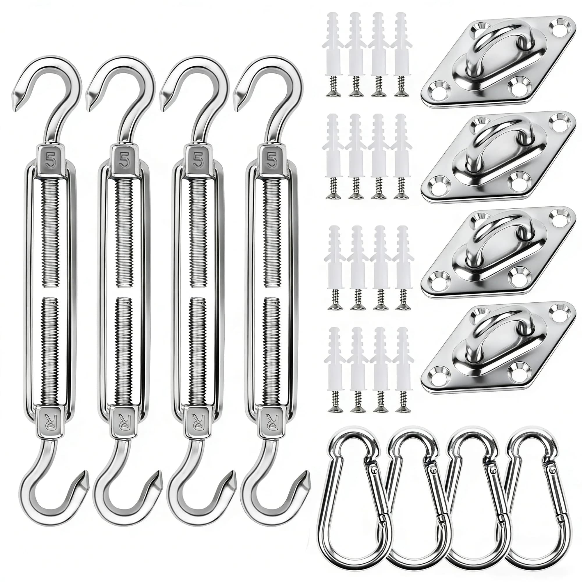 YOFIT 44 Pcs Shade Sail Hardware Kit 5 Inch | 304 Stainless Steel Turnbuckles & Brackets for Triangle/Rectangle Sails