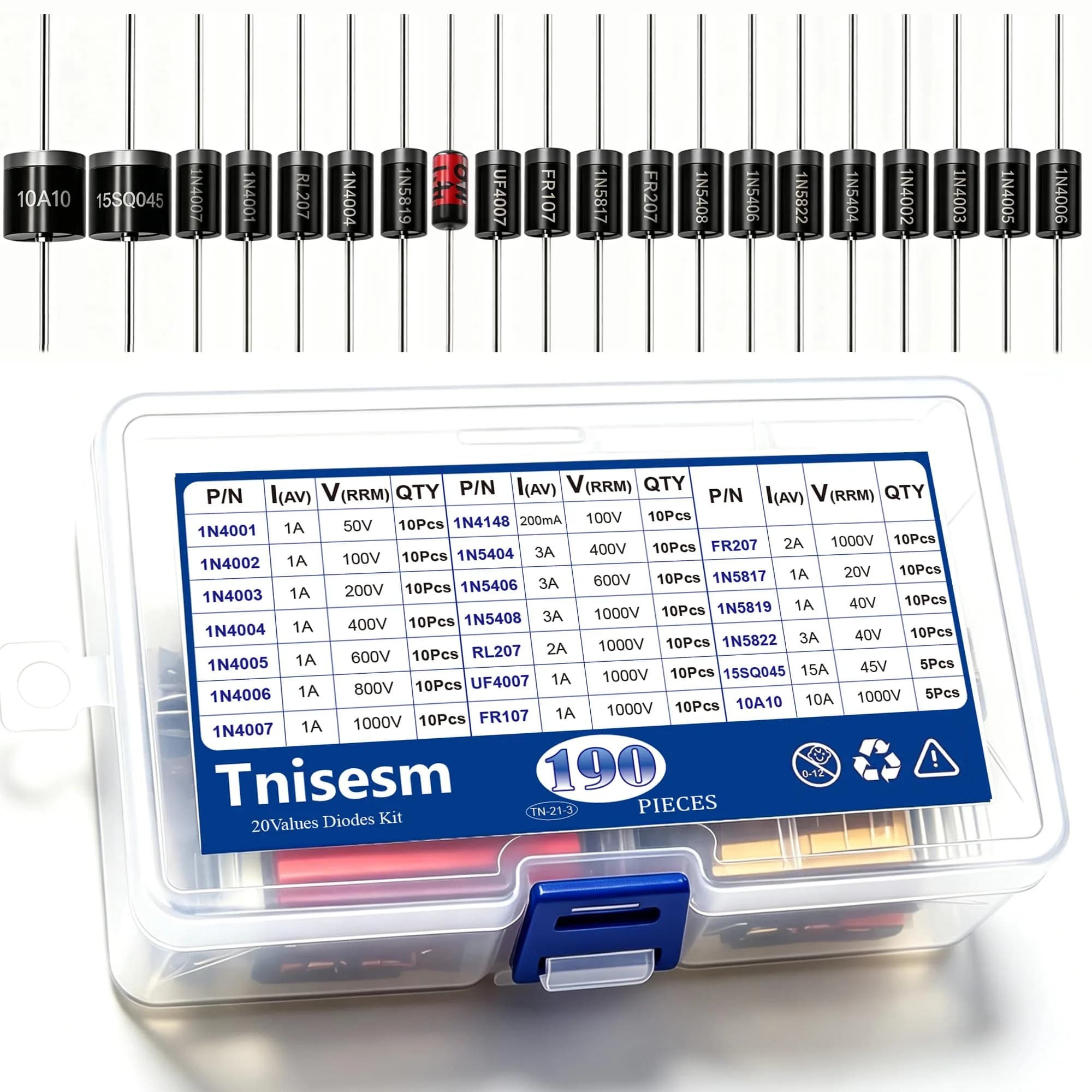 Tnisesm 20 Values Diodes Kit 190 Pcs | Rectifier, Schottky, Fast Recovery, Switching Diodes Assortment