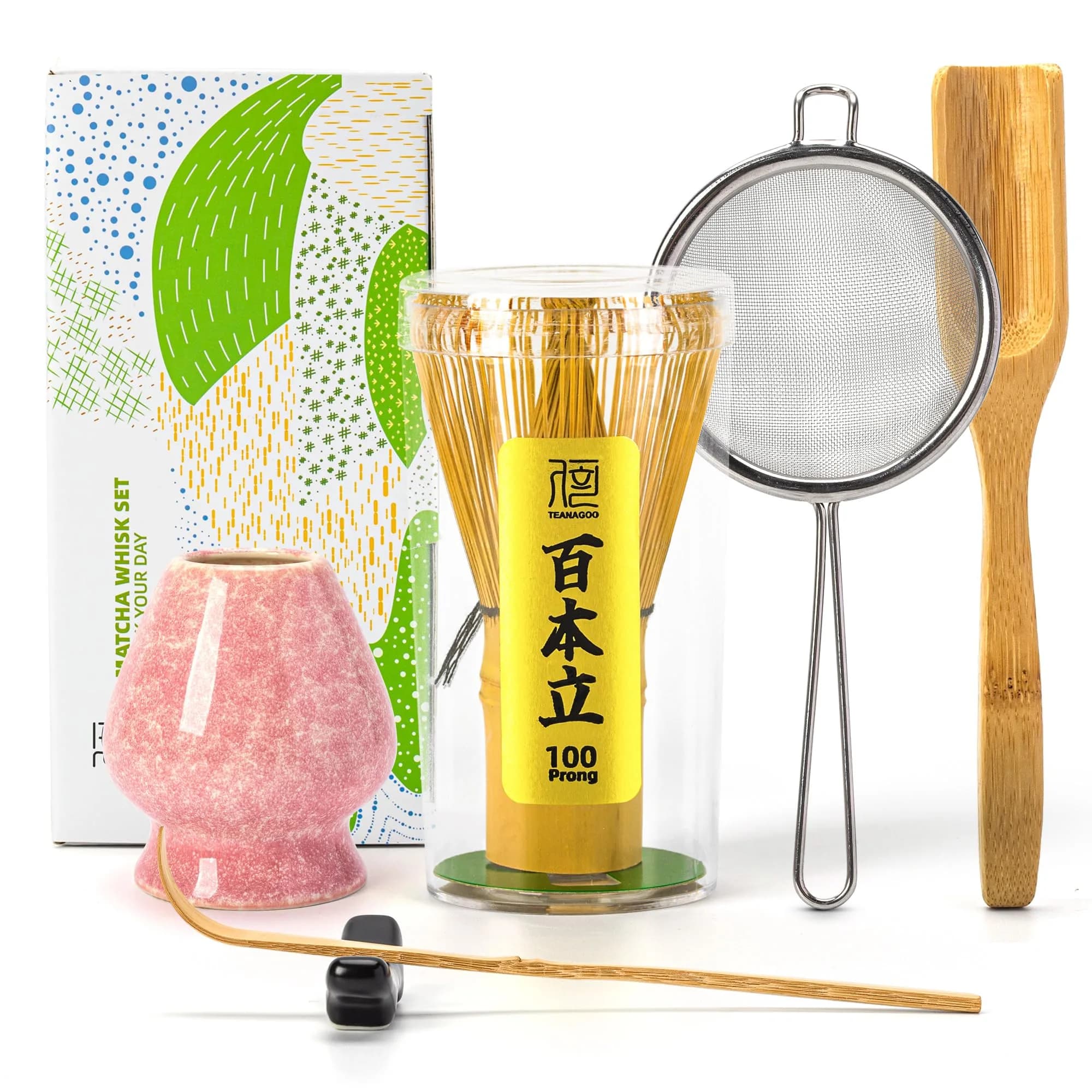 TEANAGOO Matcha Whisk Set,100 Prongs with Pink Holder,6-PCS Traditional Kit for Frothy Matcha (en_US)