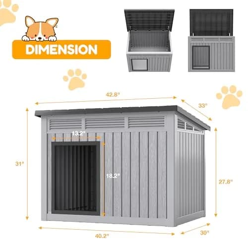 Fancyango Large Dog House with Weatherproof Roof for Indoor & Outdoor Use - Big Dog House for Large Medium Dogs (42.8" L x 33" W x 31.5" H) Grey thumbnail 8