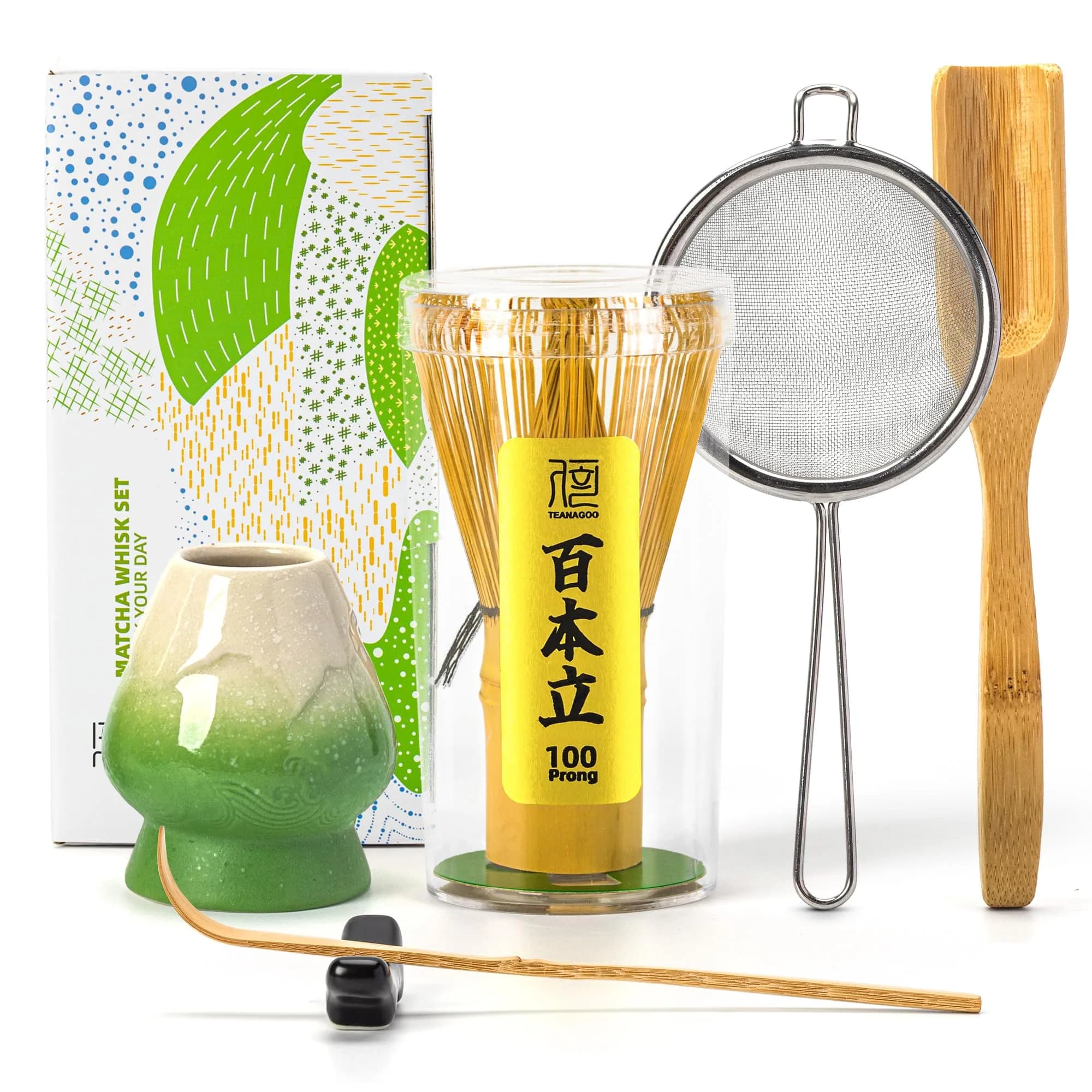 TEANAGOO Matcha Whisk Set, Bamboo Matcha Whisk (Chasen), 4 Pcs, 100 Prongs | Traditional Matcha Accessory — 6-PCS Green Set / 6-PCS Whisk Set