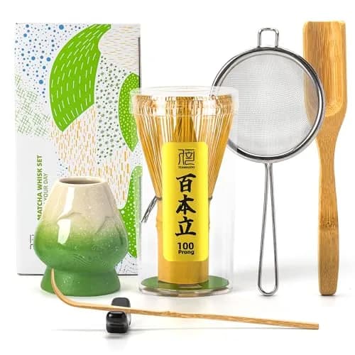 TEANAGOO Matcha Whisk Set,100 Prongs with Green Holder,6-PCS Traditional Starter Kit,Chashaku & Tea Spoon, Bamboo for Frothy Matcha thumbnail 1