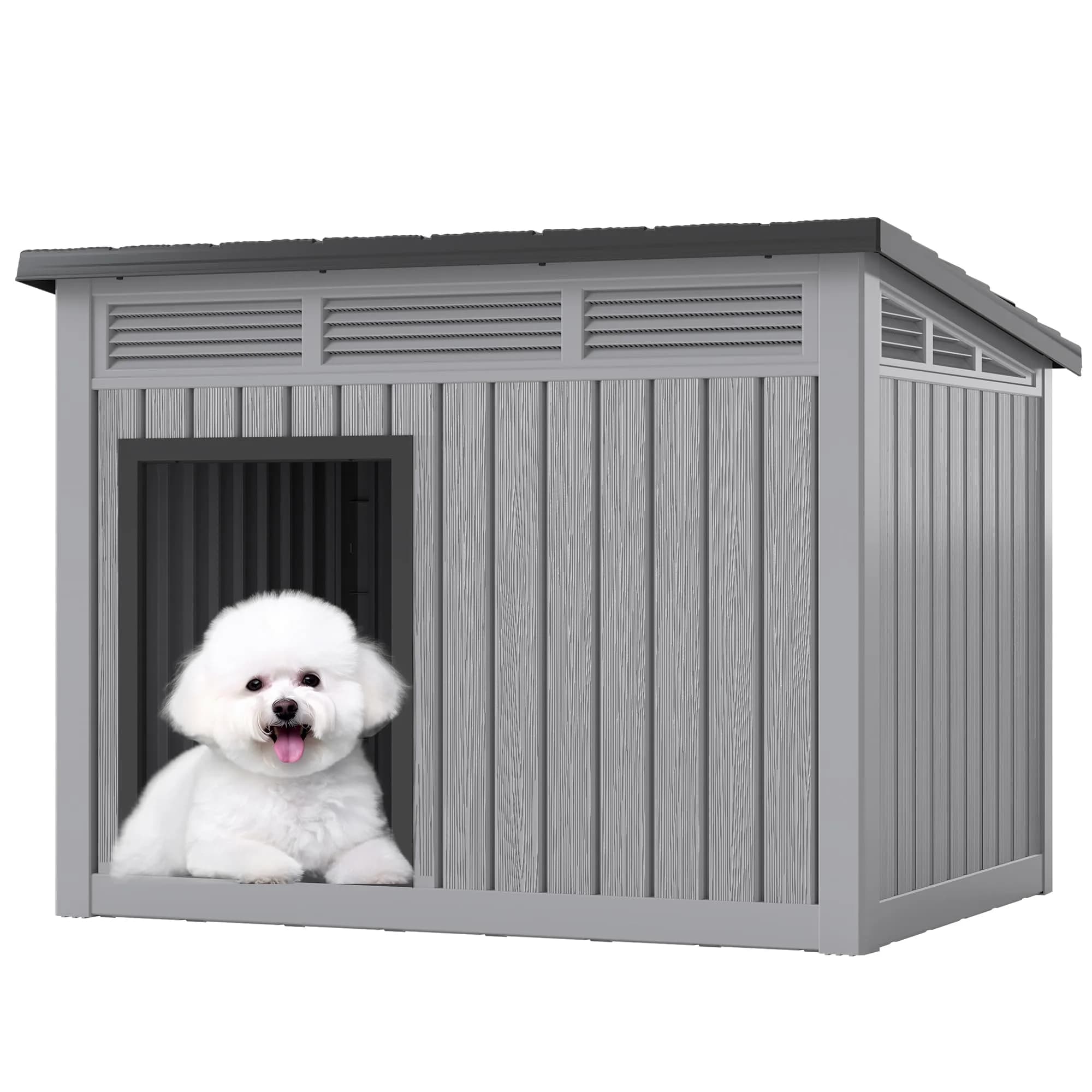 Fancyango Dog House for Indoor & Outdoor Use | Weatherproof, Fits Small to Medium Dogs (32.1" L x 25.1" W x 24" H) | Grey — Grey / 32.1" L x 25.1" W x 24" H