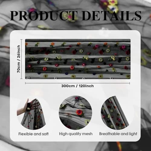 Artoid Mode Black Embroidery Daisy Gauze Table Runner 28 x 120 Inch | Rustic Bohemian Style for Indian Homes thumbnail 5