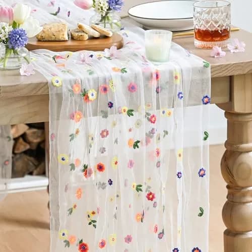 Artoid Mode Embroidery Daisy Gauze Table Runner 71cm x 305cm | Rustic Floral Home Decor thumbnail 1