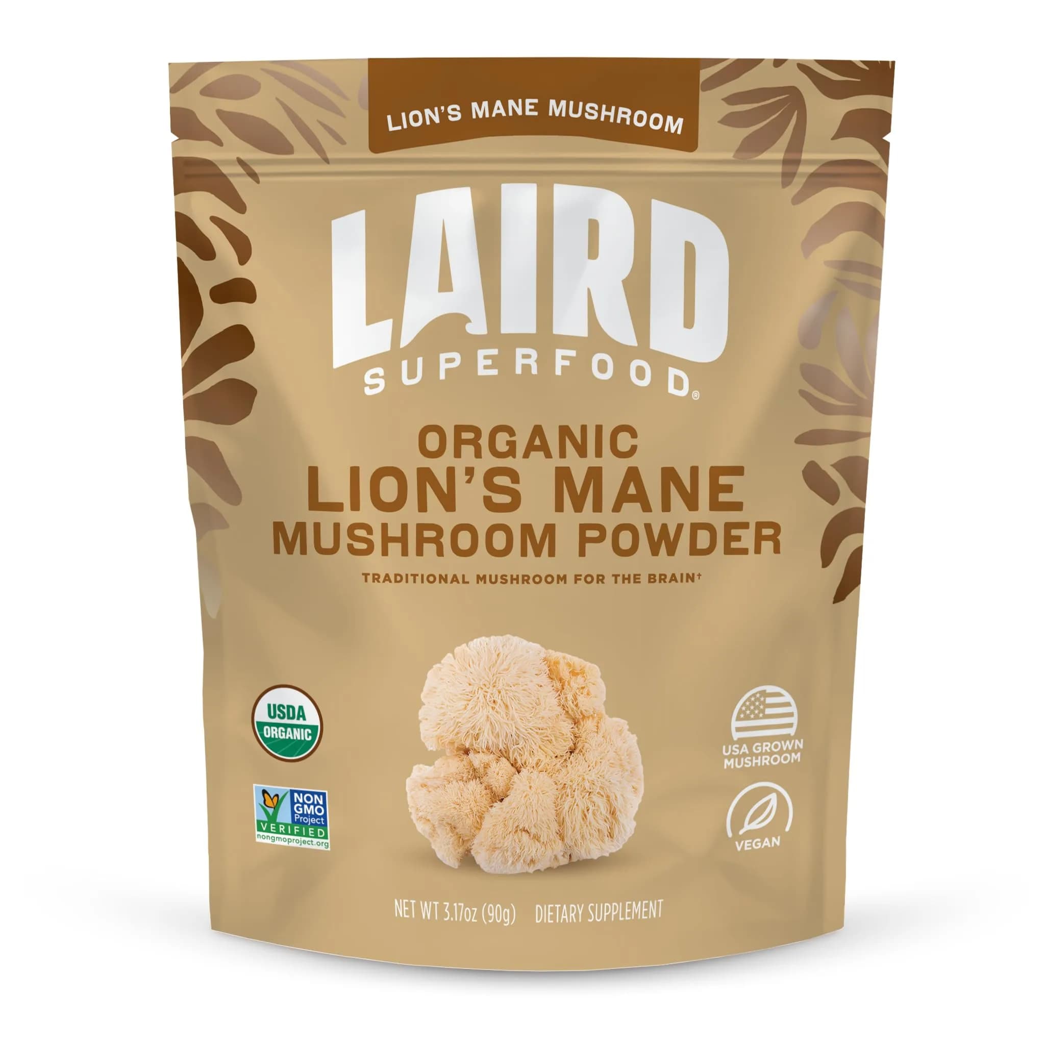Laird Superfood Organic Lions Mane Mushroom Powder for Cognitive Function and Immune Support, 3.17 oz. Bag | Pure Organic Mushroom Support