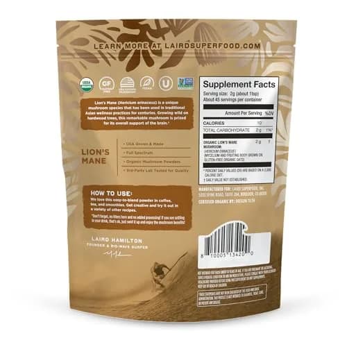 Laird Superfood Organic Lions Mane Mushroom Powder for Cognitive Function and Immune Support, 3.17 oz. Bag | Pure Organic Mushroom Support thumbnail 2