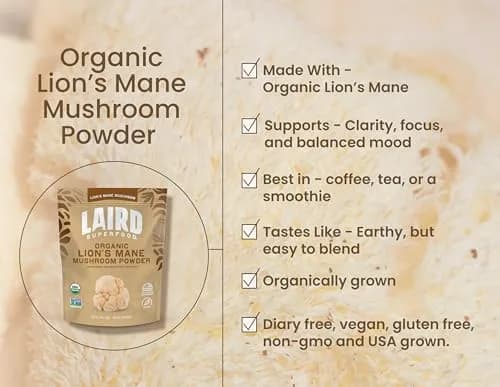 Laird Superfood Organic Lions Mane Mushroom Powder for Cognitive Function and Immune Support, 3.17 oz. Bag | Pure Organic Mushroom Support thumbnail 3
