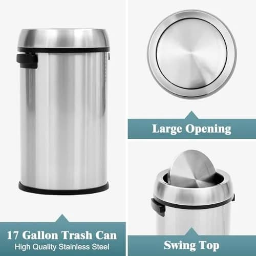 EcoSummer 17 Gal/65L Commercial-Grade Stainless Steel Trash Can | Brushed 304 Stainless Steel Open-Front Waste Bin for Restaurant & Office thumbnail 4