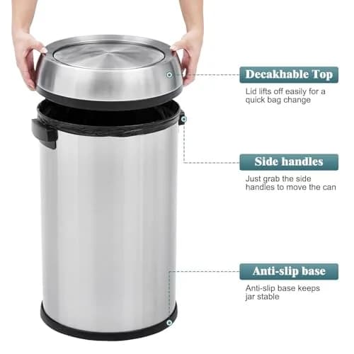 EcoSummer 17 Gal/65L Commercial-Grade Stainless Steel Trash Can | Brushed 304 Stainless Steel Open-Front Waste Bin for Restaurant & Office thumbnail 6