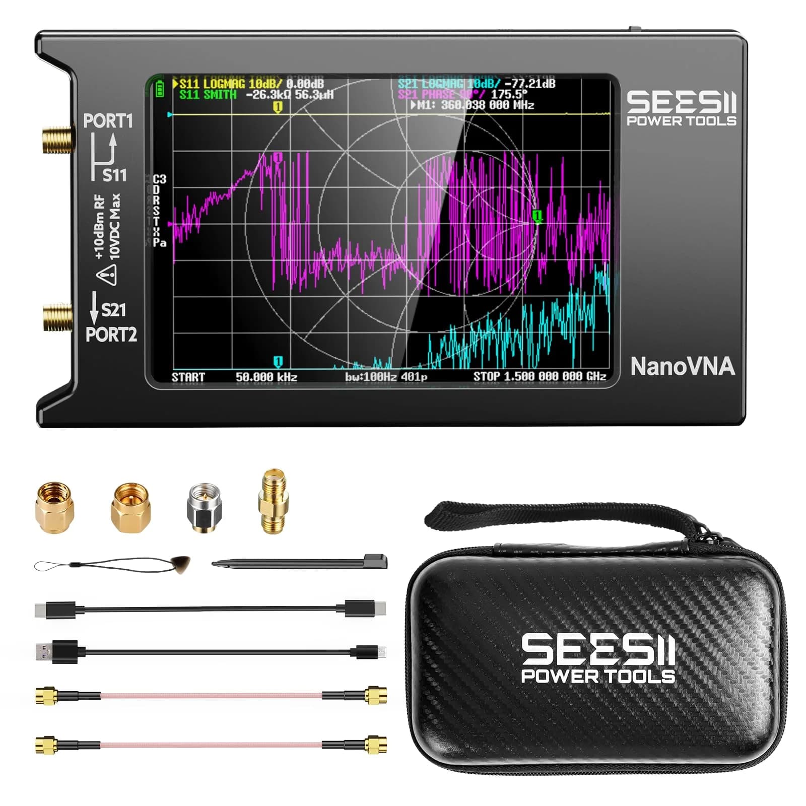 Seesii NanoVNA-H4 Vector Network Analyzer V4.4 9kHz-1.5GHz | 1.5GHz Frequency Range, 4" Touchscreen, EVA Case - main product image