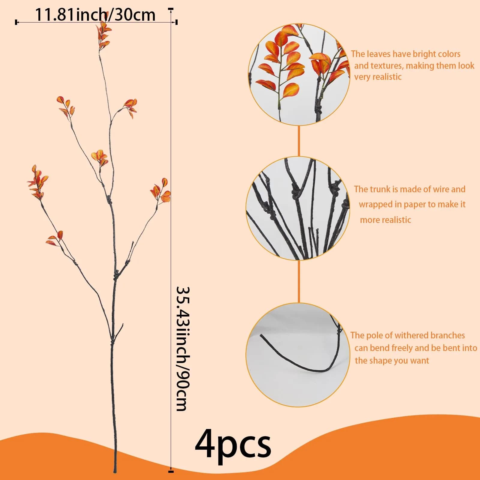ACRYCS Artificial Greenery Stems 90cm (35.4") Orange Faux Branches | 4 Pcs Vase Filler for Autumn Decor - view 2