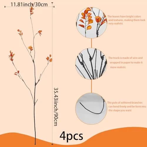 ACRYCS Artificial Greenery Stems 90cm (35.4") Orange Faux Branches | 4 Pcs Vase Filler for Autumn Decor thumbnail 2