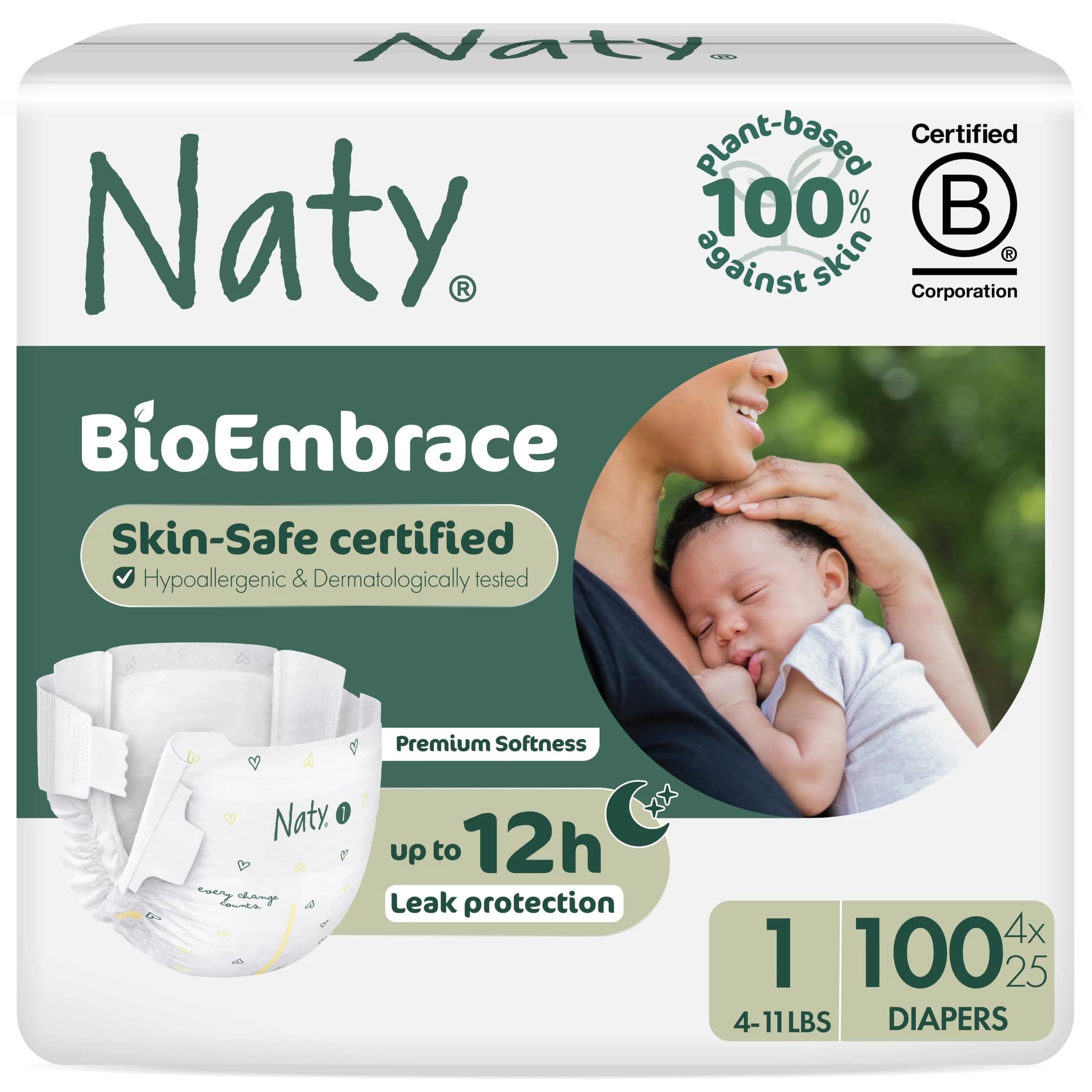 Naty BioEmbrace Newborn Diapers Size 1 | Sensitive Skin, 100 Ct, Plant-Based Comfort — Size 1