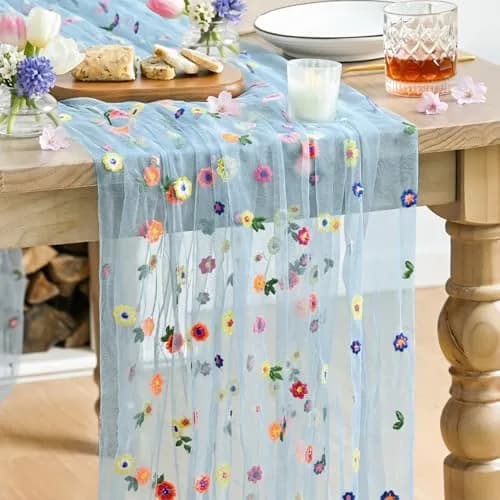 Artoid Mode Blue Embroidery Daisy Gauze Table Runner 28 x 120 Inch (71 x 305 cm) | Festive Indian Home Decor thumbnail 1