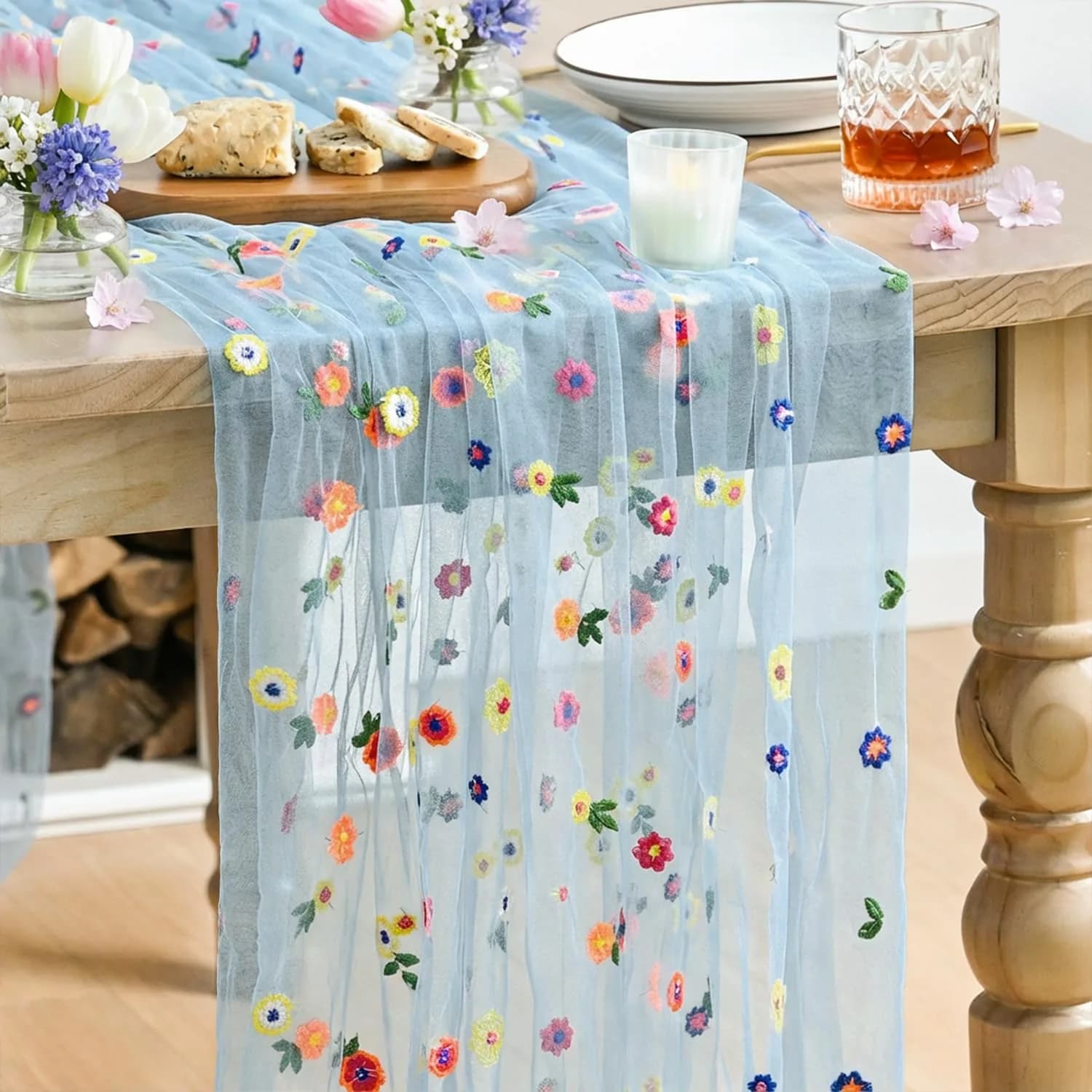 Artoid Mode Blue Embroidery Daisy Gauze Table Runner 28 x 120 Inch (71 x 305 cm) | Festive Indian Home Decor — Blue