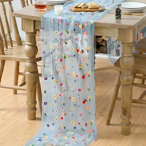 Artoid Mode Blue Embroidery Daisy Gauze Table Runner 28 x 120 Inch (71 x 305 cm) | Festive Indian Home Decor thumbnail 4