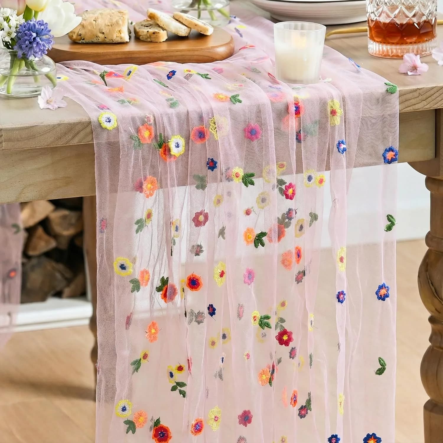 Artoid Mode Pink Embroidery Daisy Gauze Table Runner 28 x 120 Inch | Bright Floral Print for Festive Decor — Pink