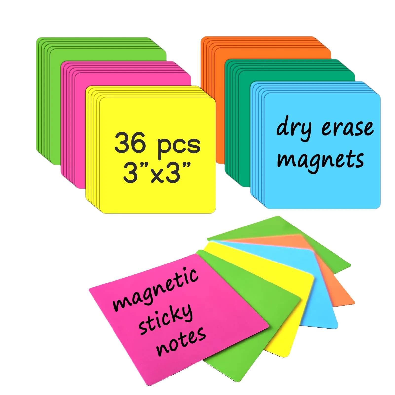 NIUBIKLUS Reusable Magnetic Sticky Notes 3" x 3" (36-Pack) | Dry Erase Labels for Whiteboard, Fridge, Locker - main product image