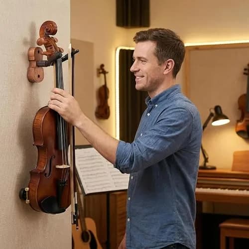 WOGOD Violin Wall Mount 6 Pack with Bow Holder, Real Hardwood Violin Shape Instrument Display Hooks for Violin, Viola, Universal String Instrument Holder thumbnail 7